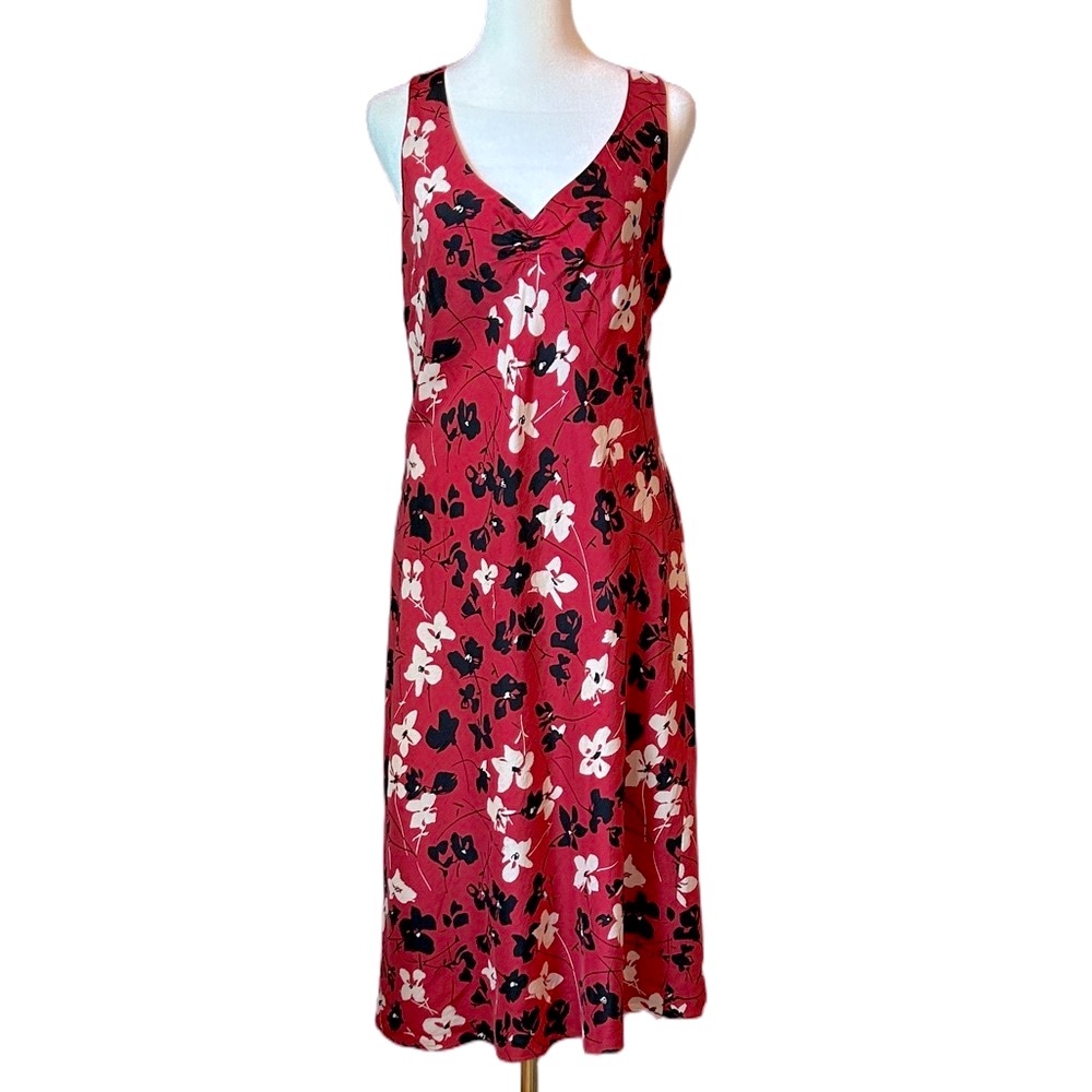 Y2K Ann Taylor Red Black White Floral 100% Silk Slip Dress Midi Tag Size 12